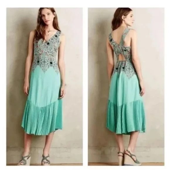 Maeve Anthropologie Canyon Creek 4P Teal Pleated Midi Sleeveless Dress EUC $168 - Picture 1 of 11